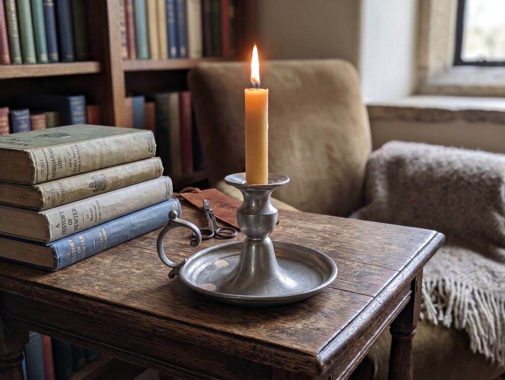Vintage Early American Pewter by Web Candlestick Candle Holder Saucer Dish Loop